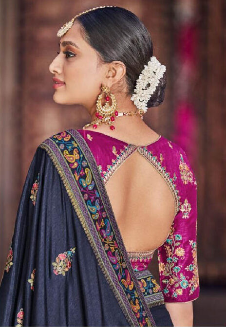 New designer dola silk grey color bridal saree online