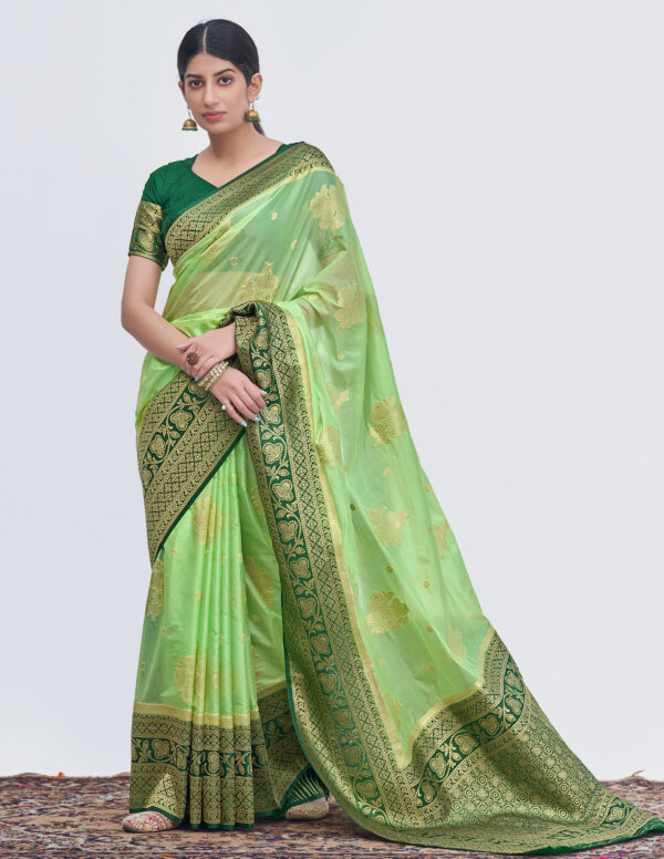 Olive Green Silk Saree Design With Contrast Blouse