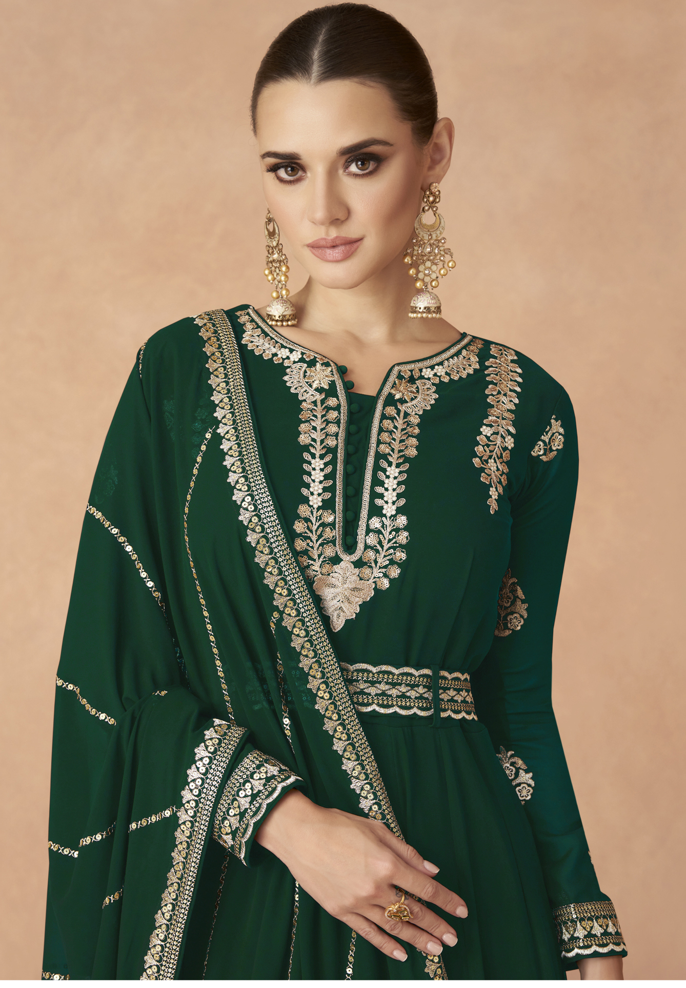 Green Anarkali Gown for Wedding Party with Dupatta