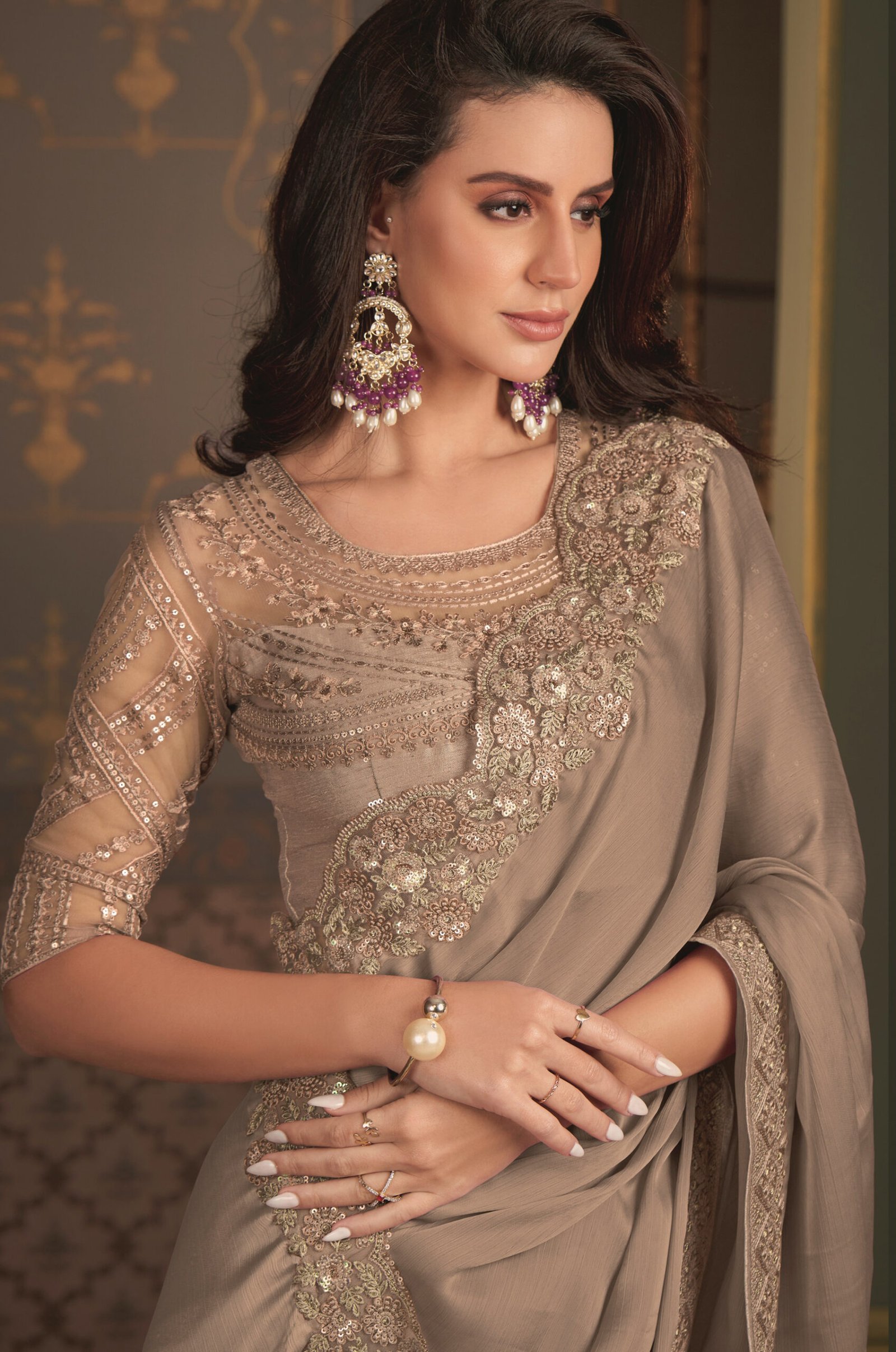 Party Wear Designer Chiffon Saree for Wedding Golden Brown Saree