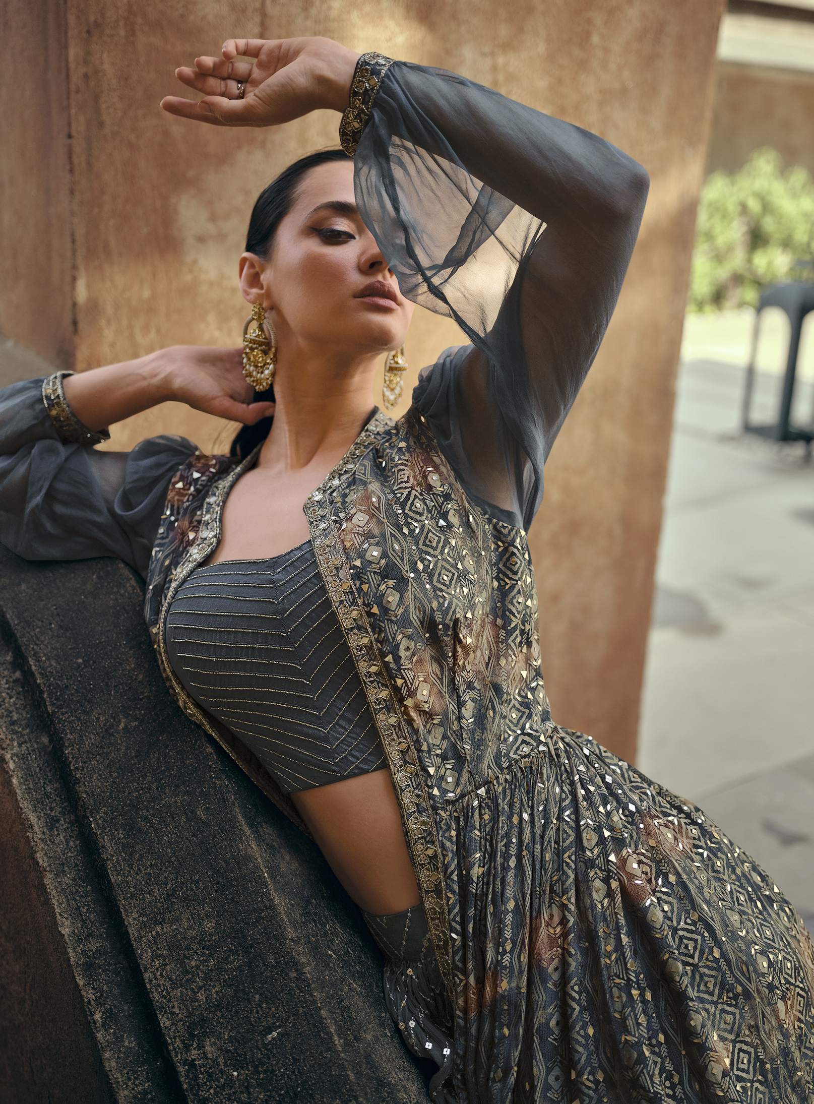 Stylish crop top shrug with skirt main image 1